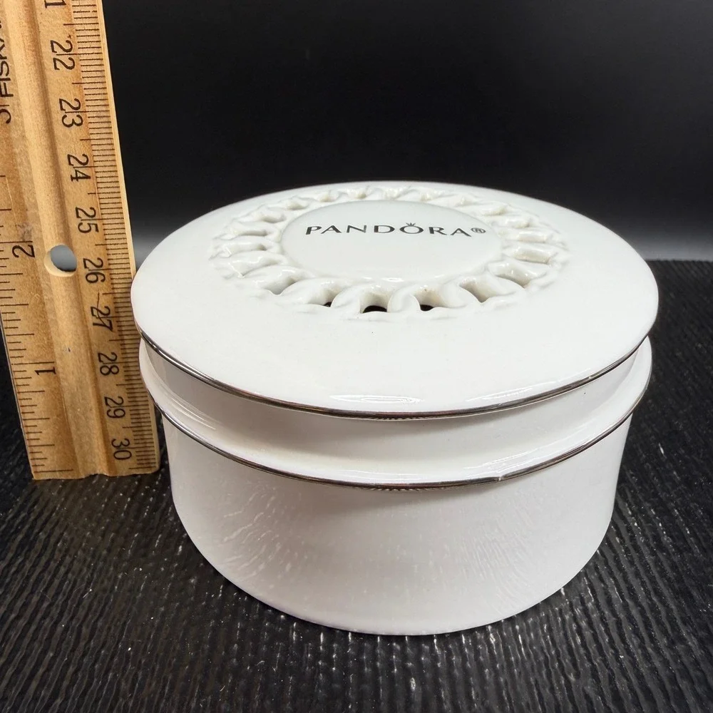 Pandora White Ceramic Round Jewelry Box Black Velvet Lining Lattice Lid 4 Inch